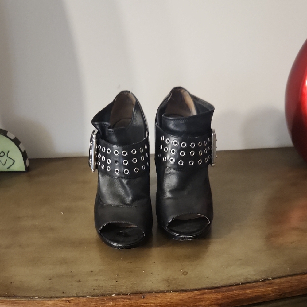 Michael Kors Black Peep-Toe Boots with Silver Studded Strap